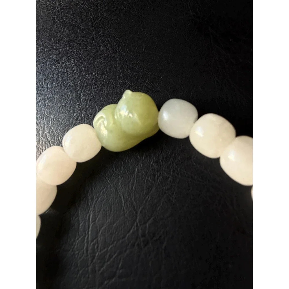 White Icy Jade Barrel Bracelet with Natural Green Jade Cat Charm Untreated Jade